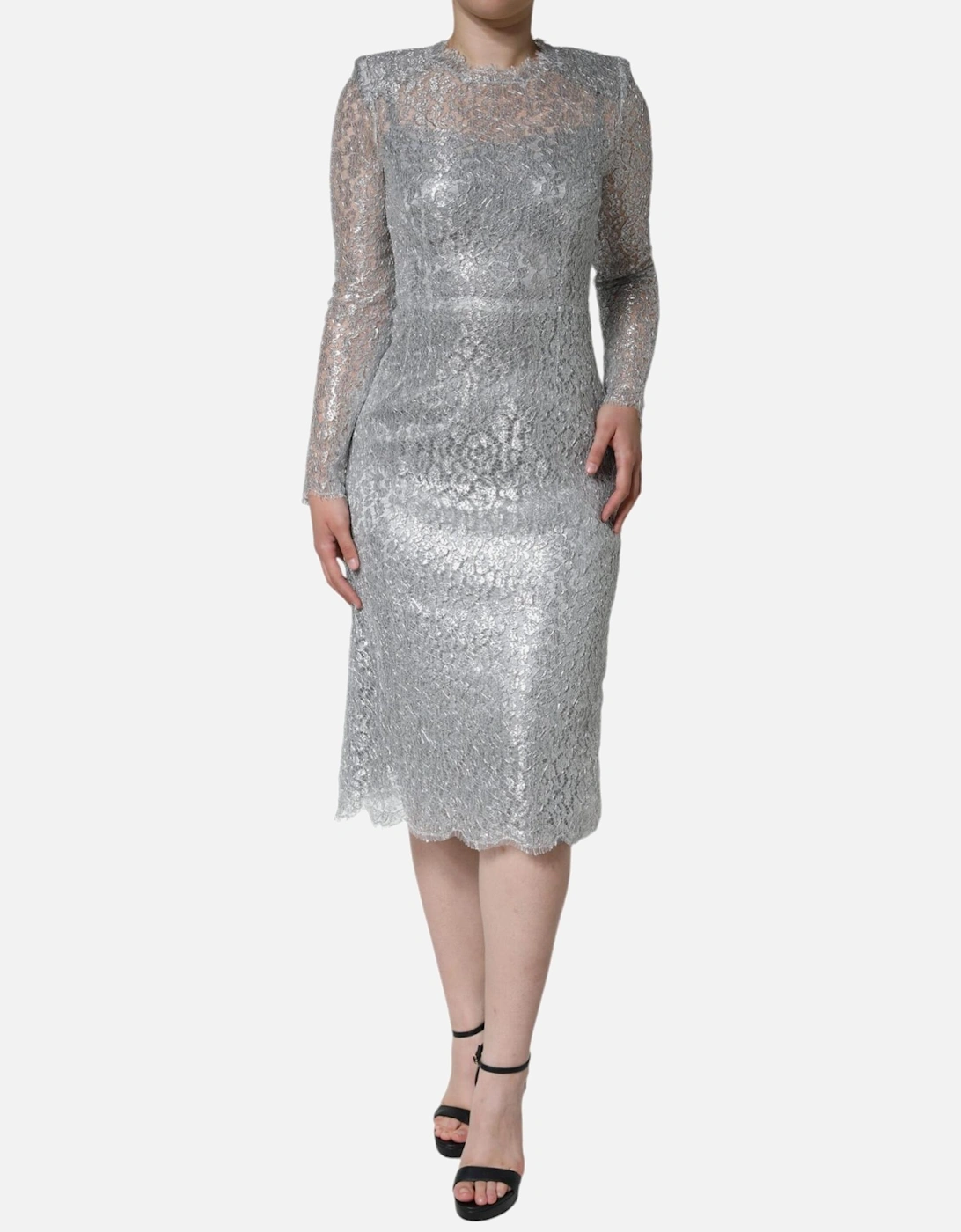 Floral Lace Sheath Dress with Silk Lining Women - Silver Dresses, 6 of 5