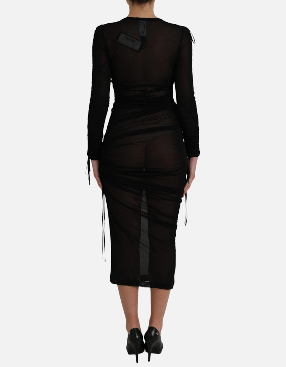 Black Viscose Blend Sheer Midi Dress with Long Sleeves Women Dresses