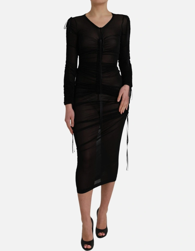 Black Viscose Blend Sheer Midi Dress with Long Sleeves Women Dresses