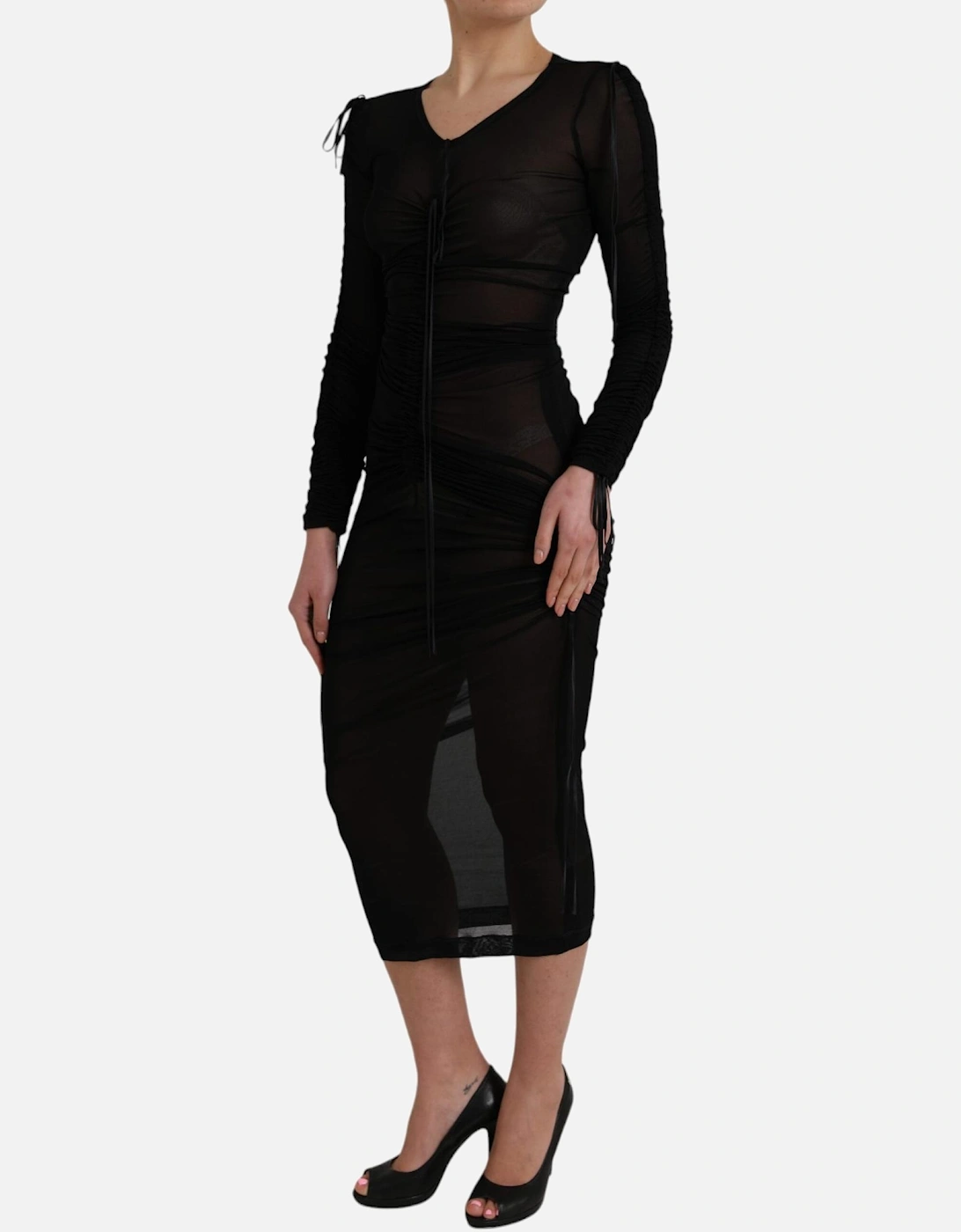 Black Viscose Blend Sheer Midi Dress with Long Sleeves Women Dresses