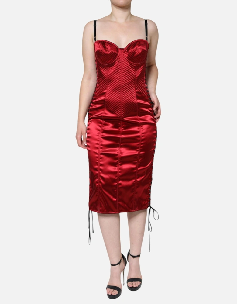 Corset Lace-Up Midi Bodycon Dress Women - Red Dresses