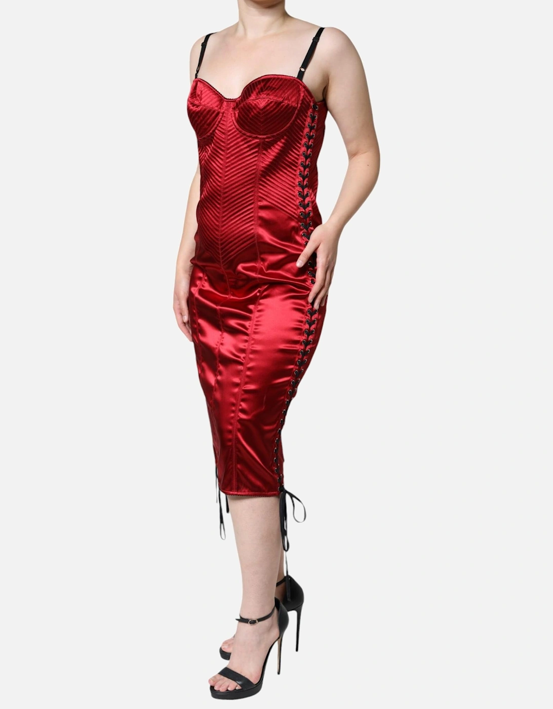 Corset Lace-Up Midi Bodycon Dress Women - Red Dresses