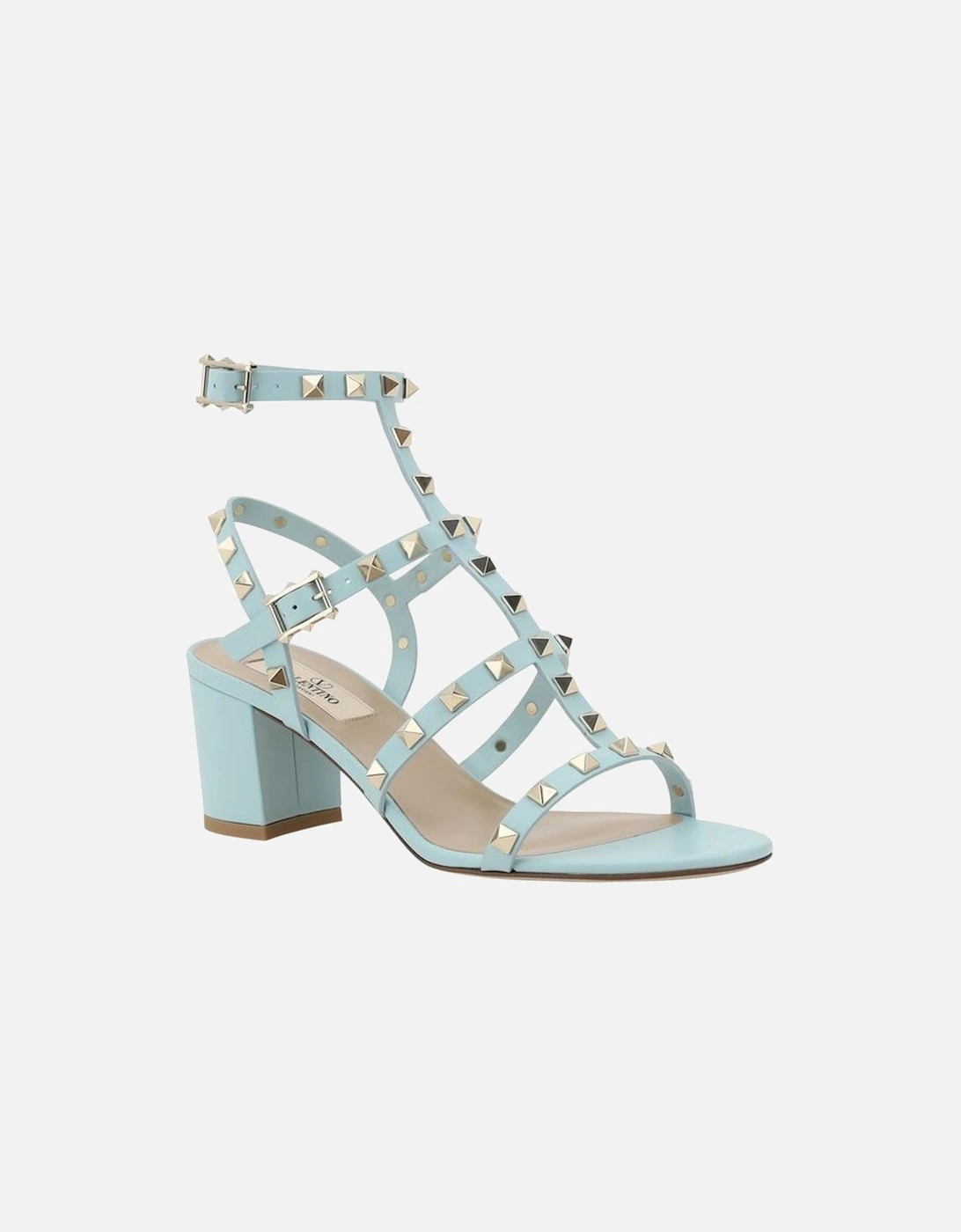 Rockstud Leather Sandals with Chunky Heel Women - Light Blue