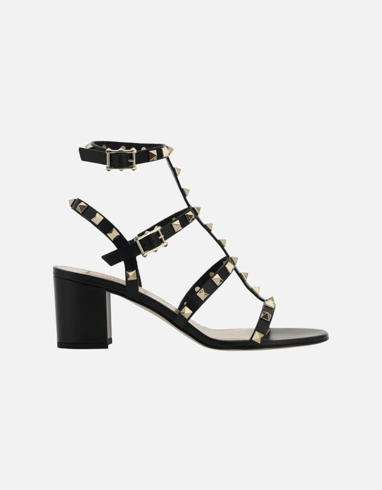 Leather Rockstud Chunky Heel Sandals Women - Black