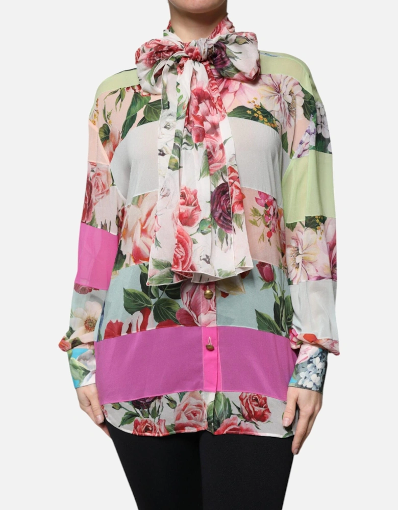 Ascot Collar Silk Blend Long Sleeve Blouse Women - Multicolor T-Shirts