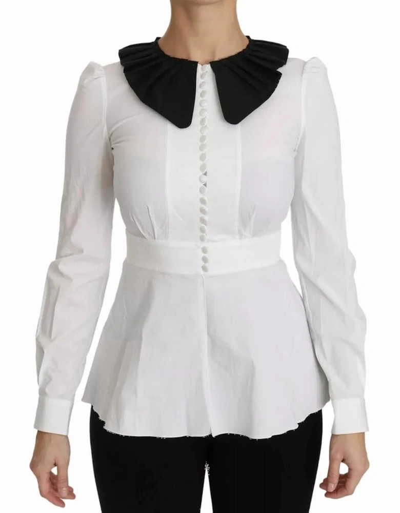 Decorative Button Cotton Top with Logo Details Women - Black And White