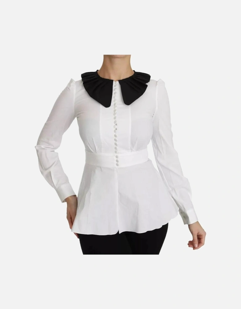 Decorative Button Cotton Top with Logo Details Women - Black And White