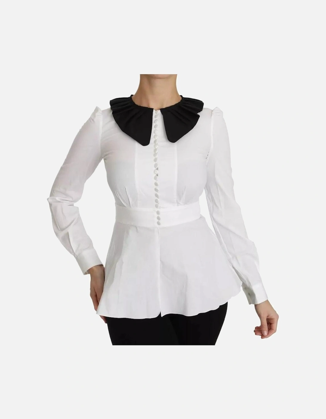 Decorative Button Cotton Top with Logo Details Women - Black And White