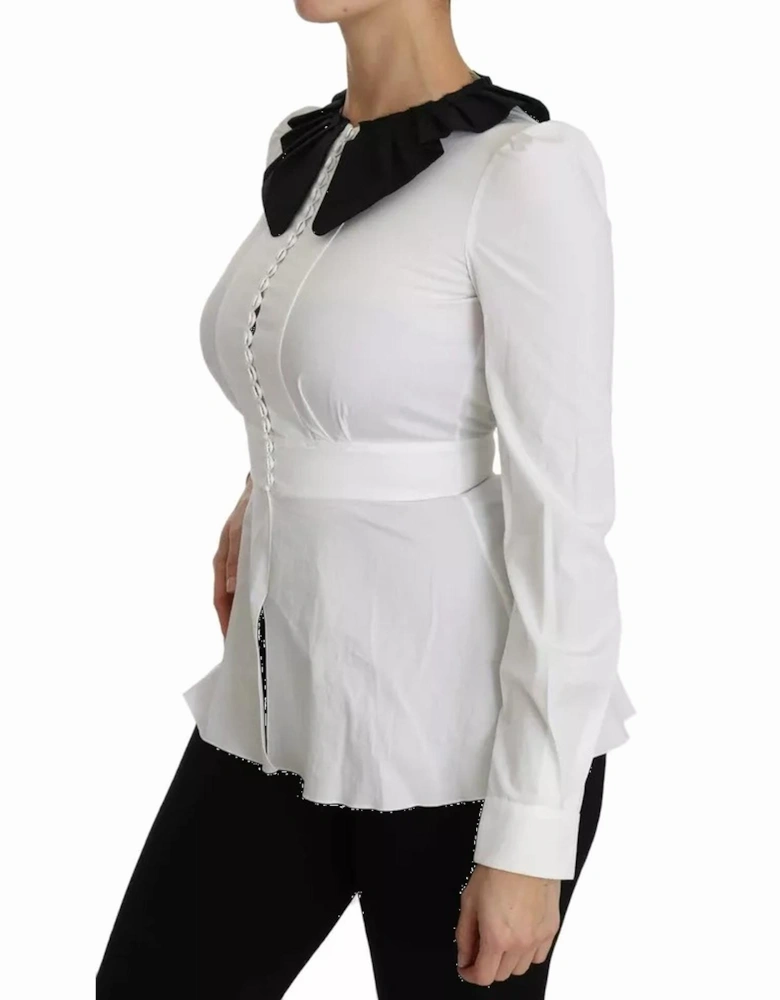 Decorative Button Cotton Top with Logo Details Women - Black And White