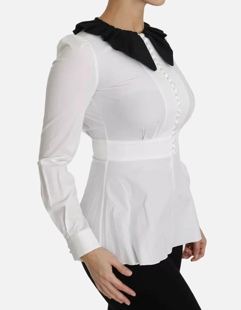 Decorative Button Cotton Top with Logo Details Women - Black And White