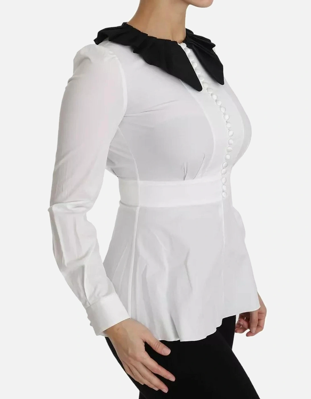 Decorative Button Cotton Top with Logo Details Women - Black And White