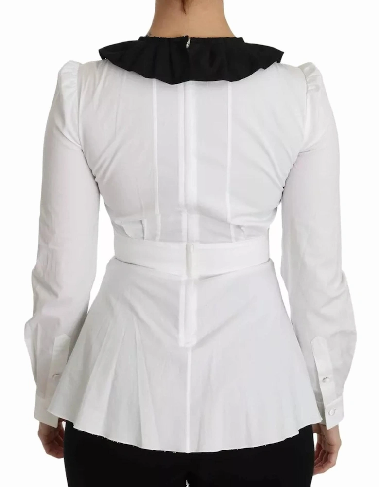 Decorative Button Cotton Top with Logo Details Women - Black And White