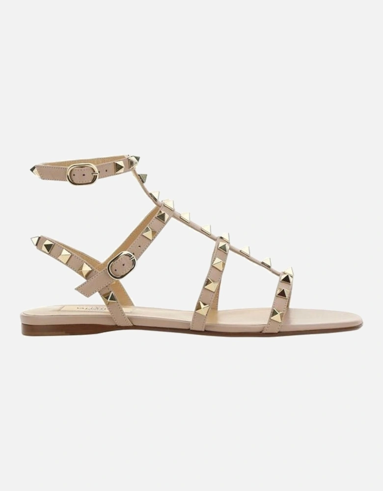 Leather Rockstud Sandals with Ankle Strap Women - Beige