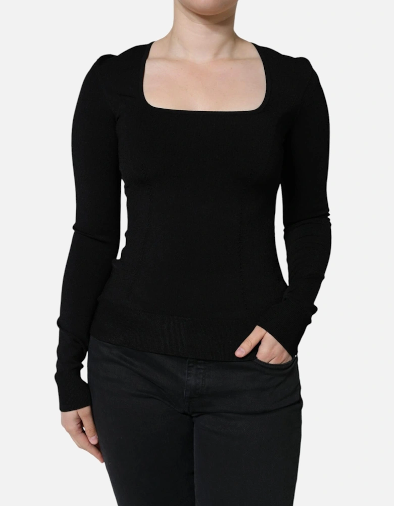 Square Neck Long Sleeves Blouse Women - Black T-Shirts