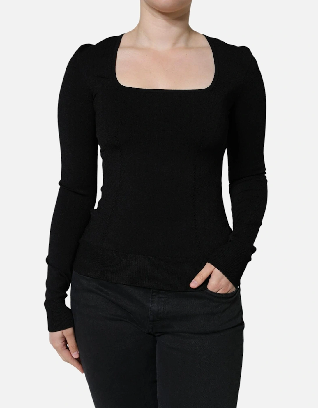 Square Neck Long Sleeves Blouse Women - Black T-Shirts, 6 of 5