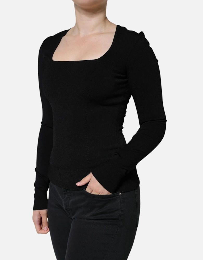 Square Neck Long Sleeves Blouse Women - Black T-Shirts