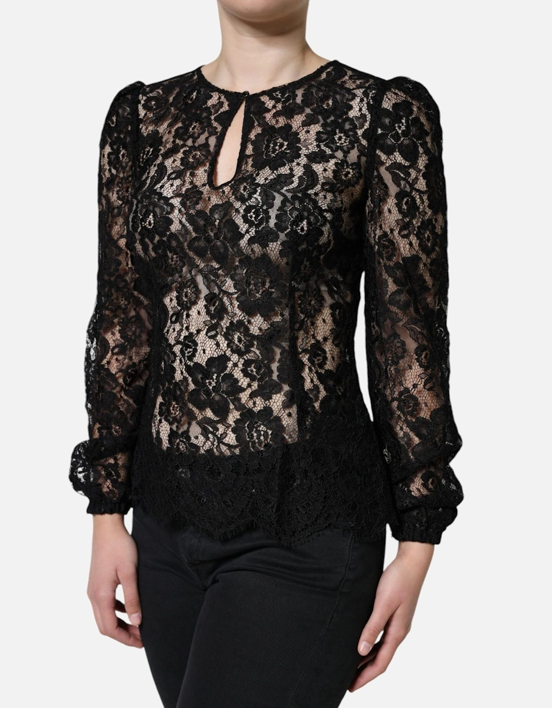 Floral Lace Long Sleeve Blouse with Zipper Closure Women - Black, 6 of 5