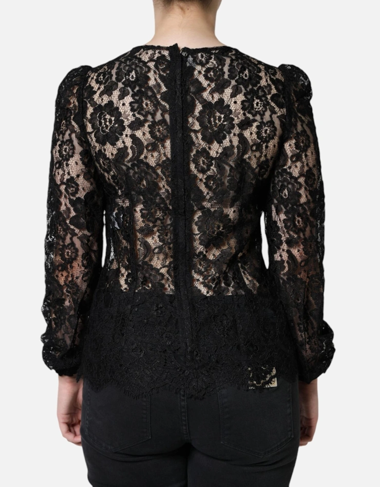 Floral Lace Long Sleeve Blouse with Zipper Closure Women - Black