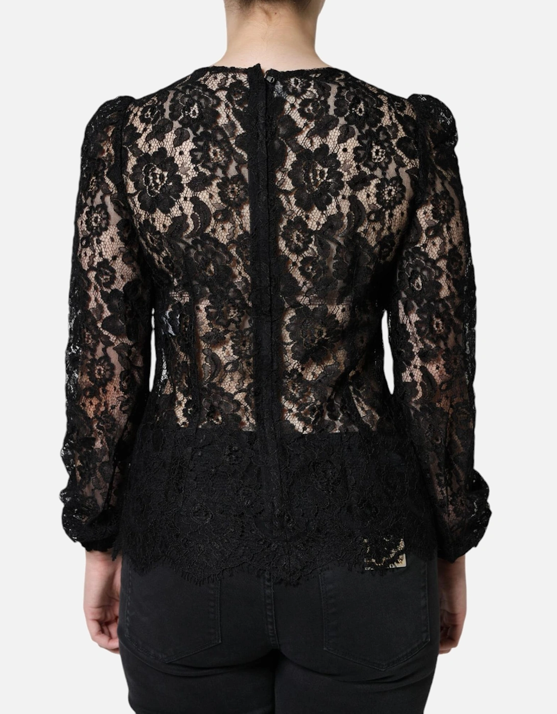 Floral Lace Long Sleeve Blouse with Zipper Closure Women - Black