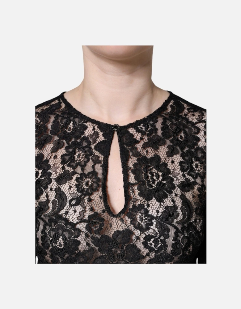 Floral Lace Long Sleeve Blouse with Zipper Closure Women - Black