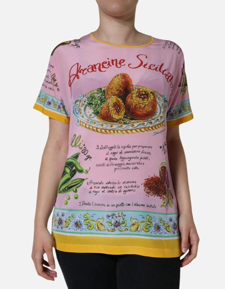Silk Araneine Print Short Sleeve Blouse Women - Pink T-Shirts