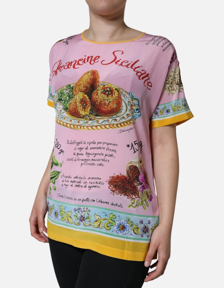 Silk Araneine Print Short Sleeve Blouse Women - Pink T-Shirts