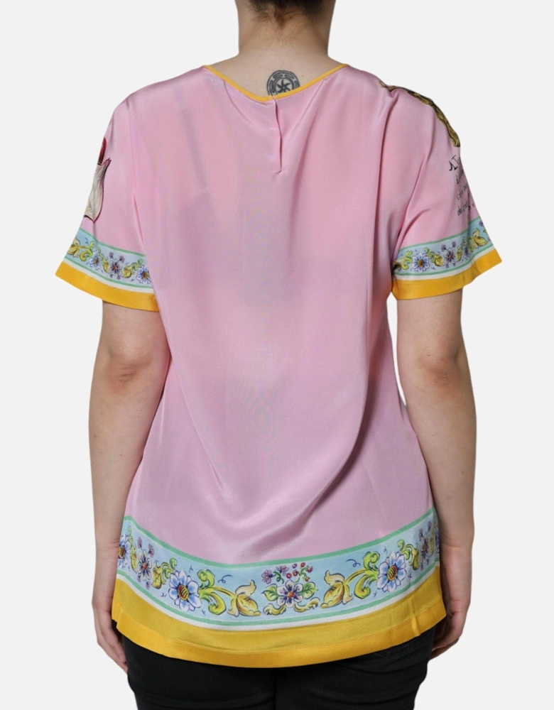 Silk Araneine Print Short Sleeve Blouse Women - Pink T-Shirts