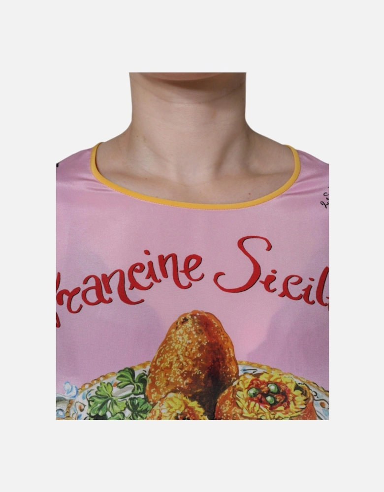 Silk Araneine Print Short Sleeve Blouse Women - Pink T-Shirts