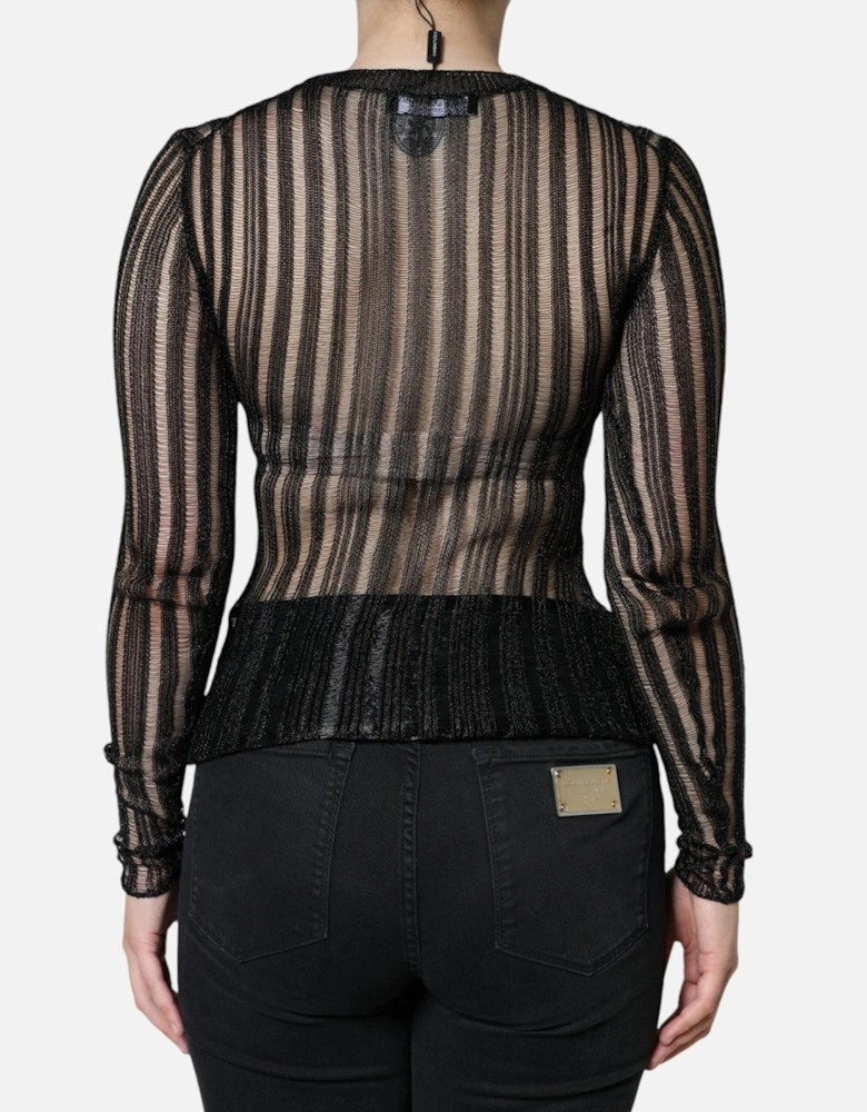 Striped See Through Long Sleeves Blouse Women - Black T-Shirts