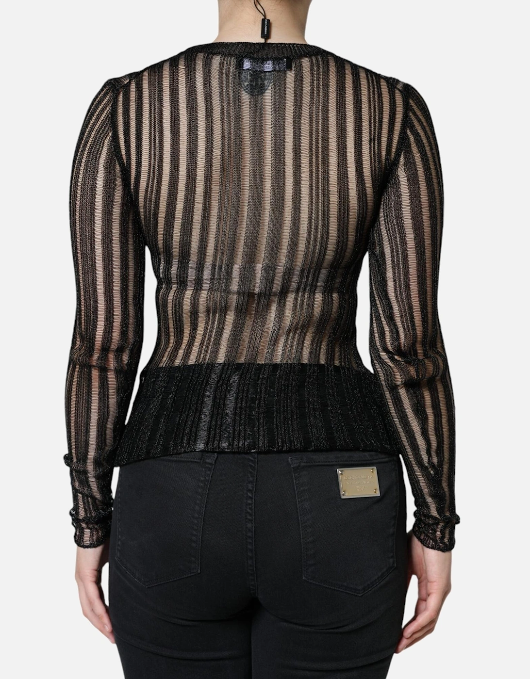 Striped See Through Long Sleeves Blouse Women - Black T-Shirts