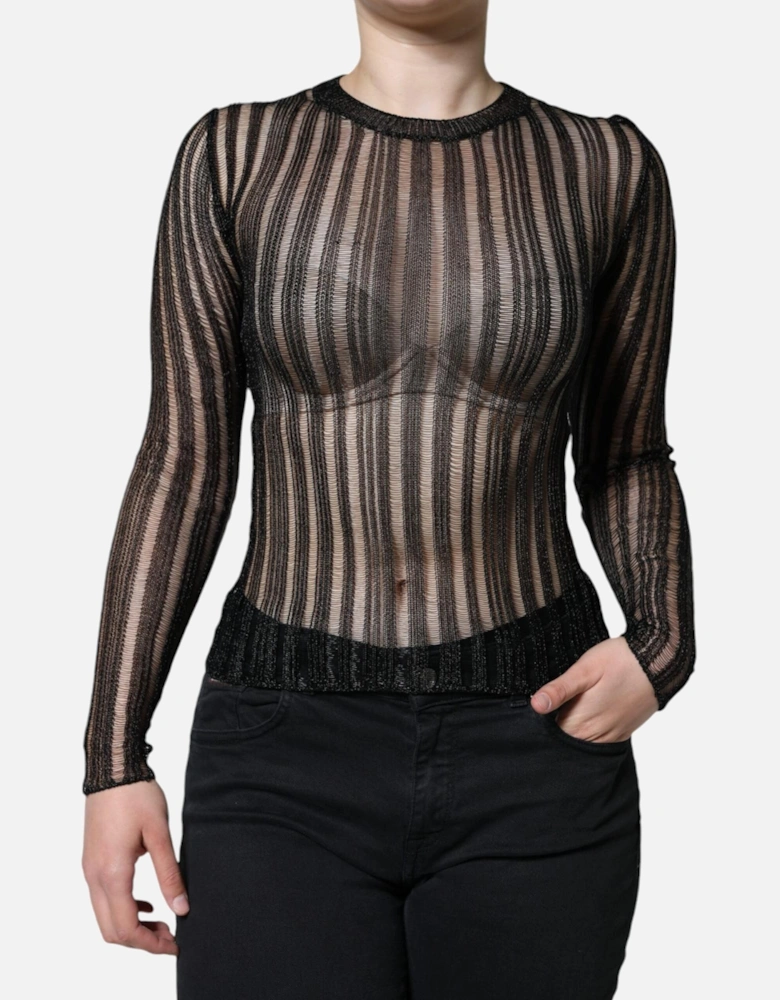 Striped See Through Long Sleeves Blouse Women - Black T-Shirts