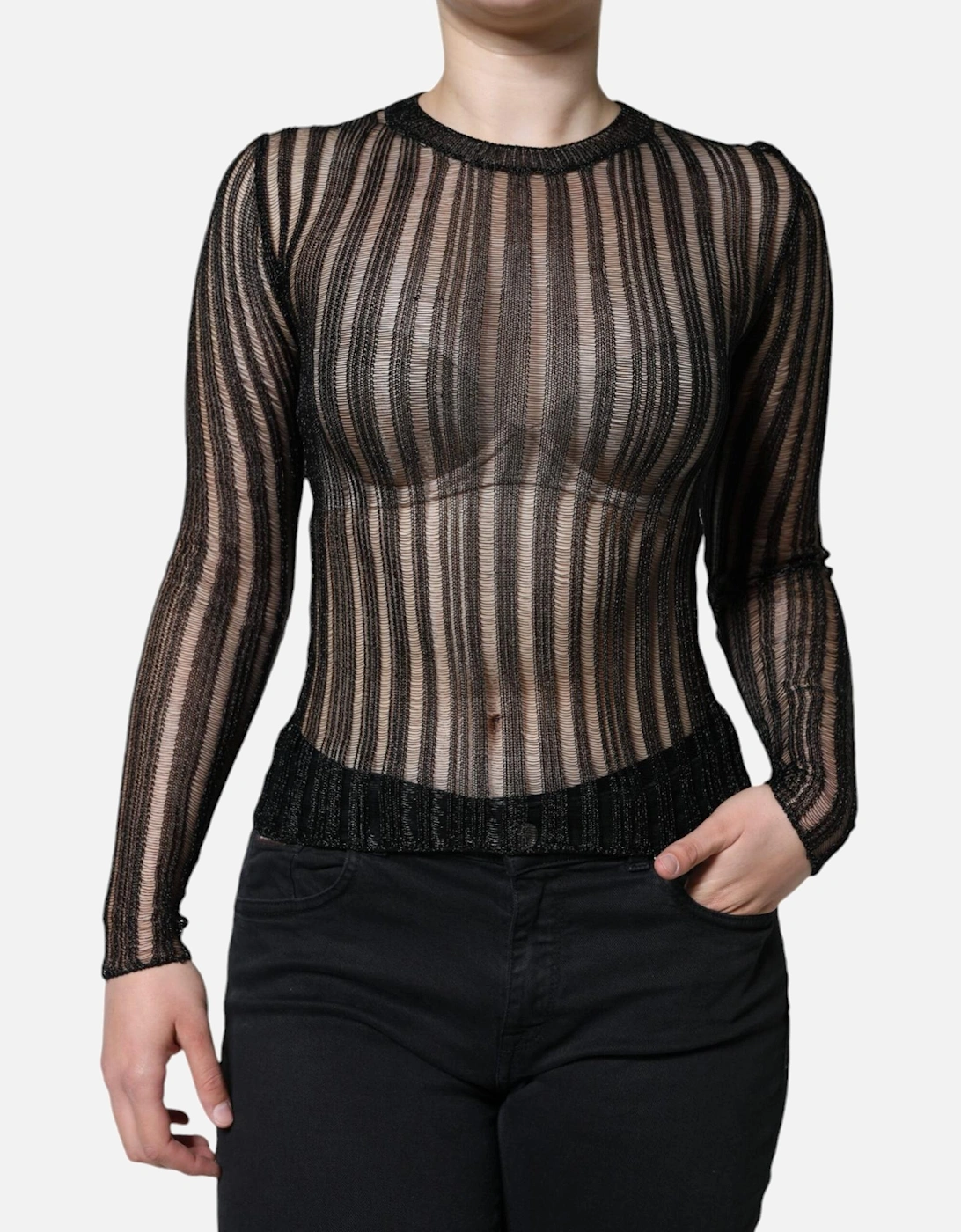 Striped See Through Long Sleeves Blouse Women - Black T-Shirts, 6 of 5