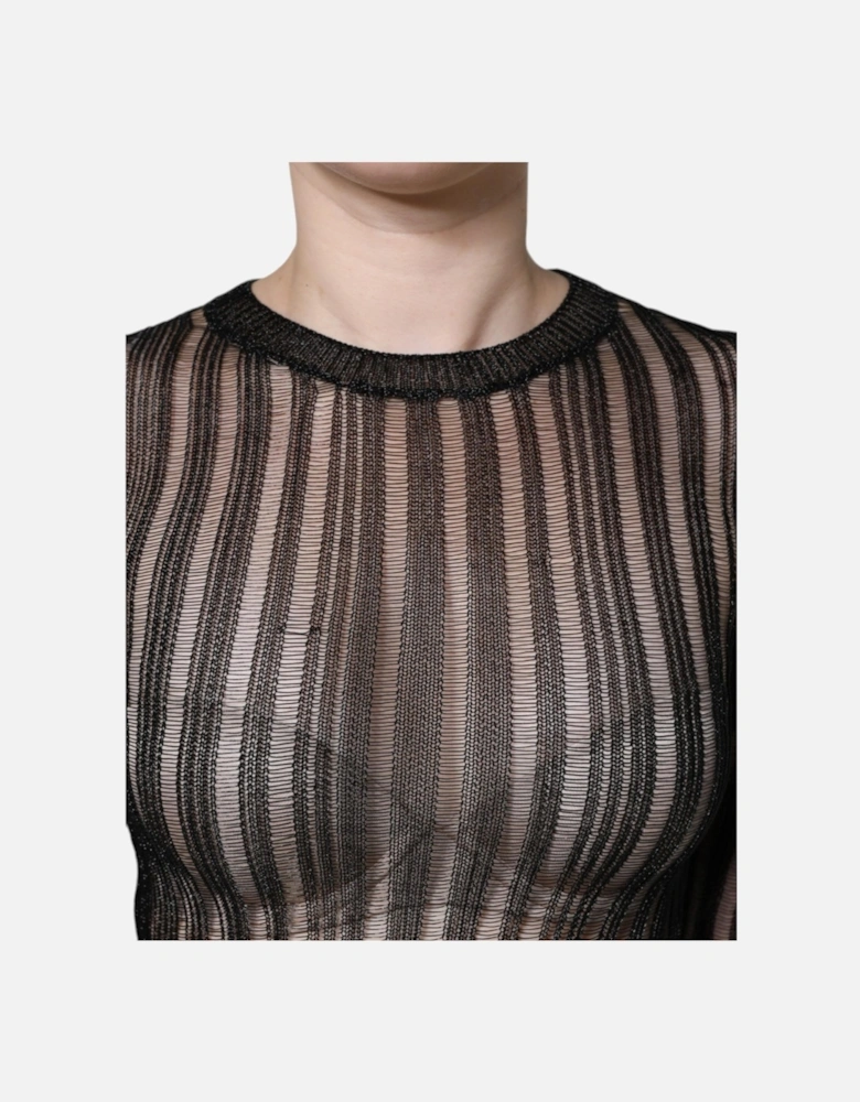 Striped See Through Long Sleeves Blouse Women - Black T-Shirts
