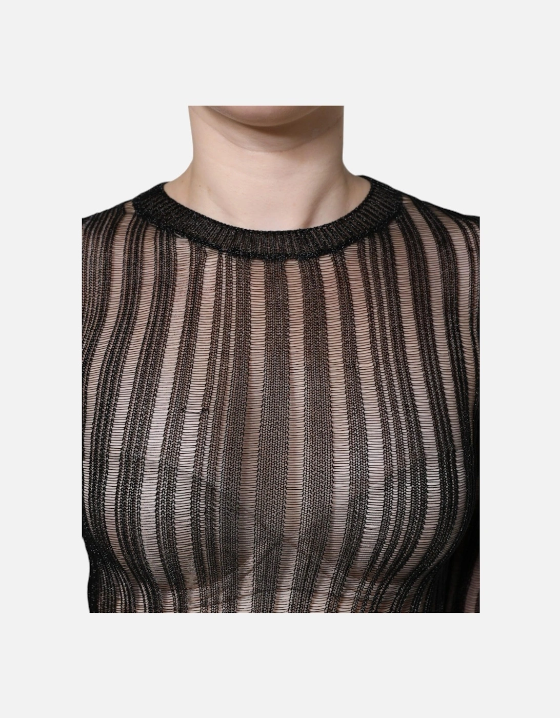 Striped See Through Long Sleeves Blouse Women - Black T-Shirts