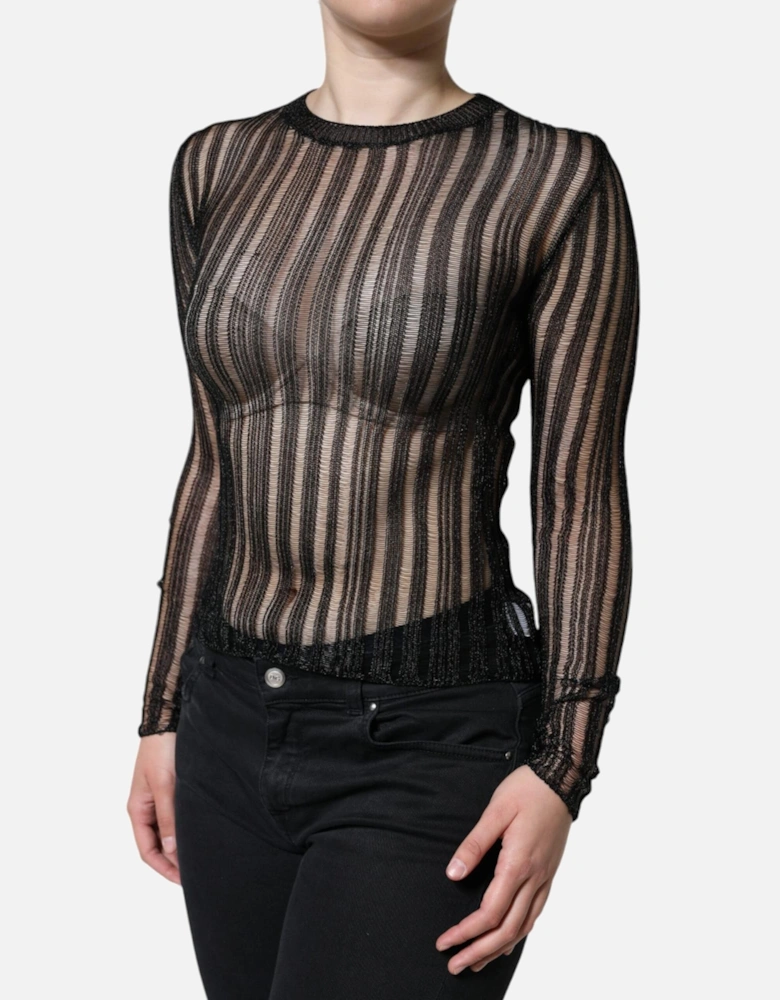 Striped See Through Long Sleeves Blouse Women - Black T-Shirts