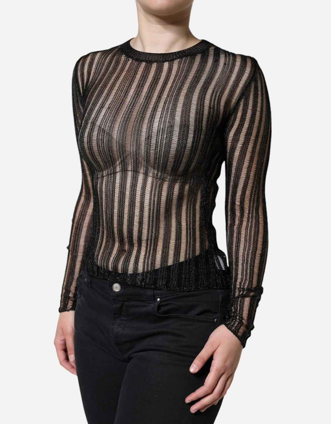Striped See Through Long Sleeves Blouse Women - Black T-Shirts