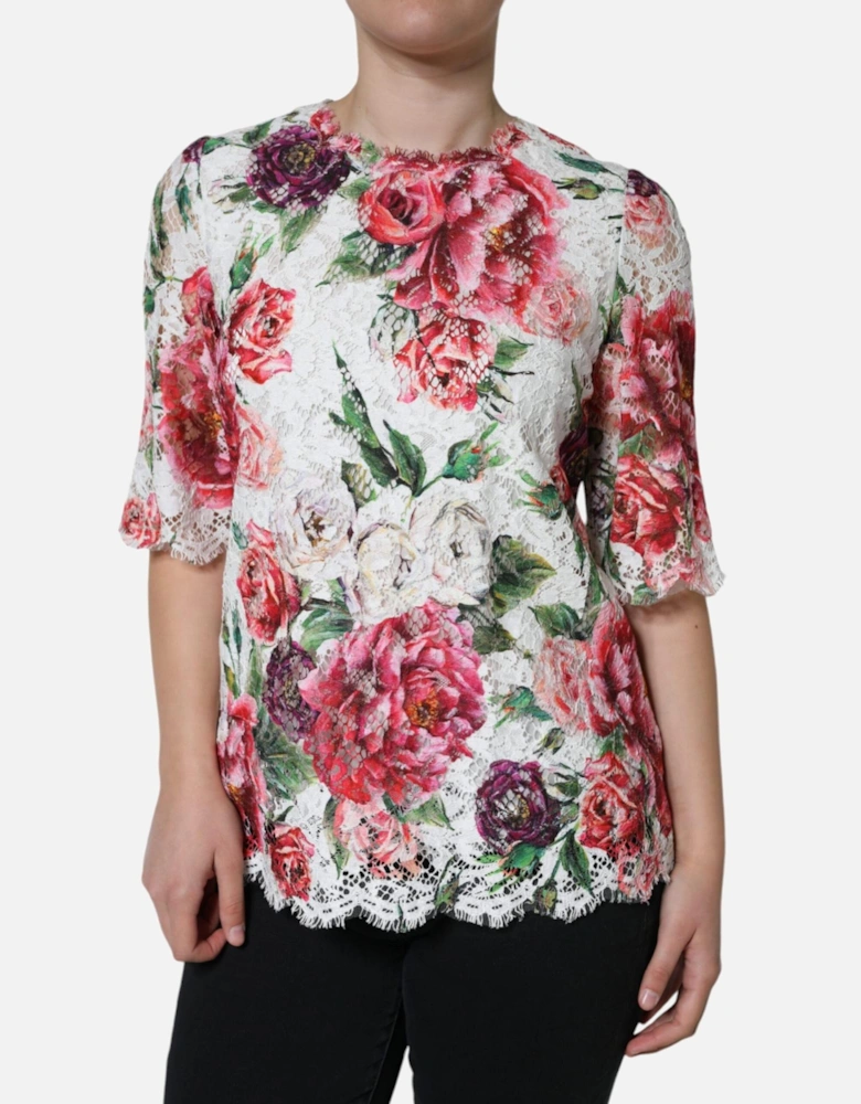 Floral Print Lace Short Sleeve Blouse Women - White T-Shirts