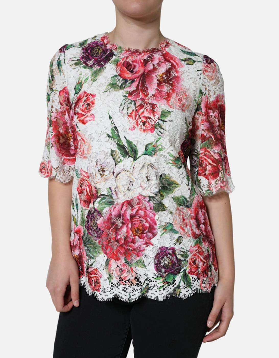 Floral Print Lace Short Sleeve Blouse Women - White T-Shirts, 6 of 5