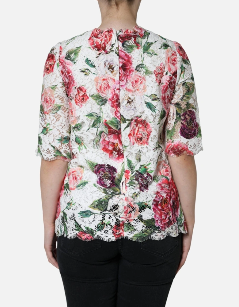 Floral Print Lace Short Sleeve Blouse Women - White T-Shirts
