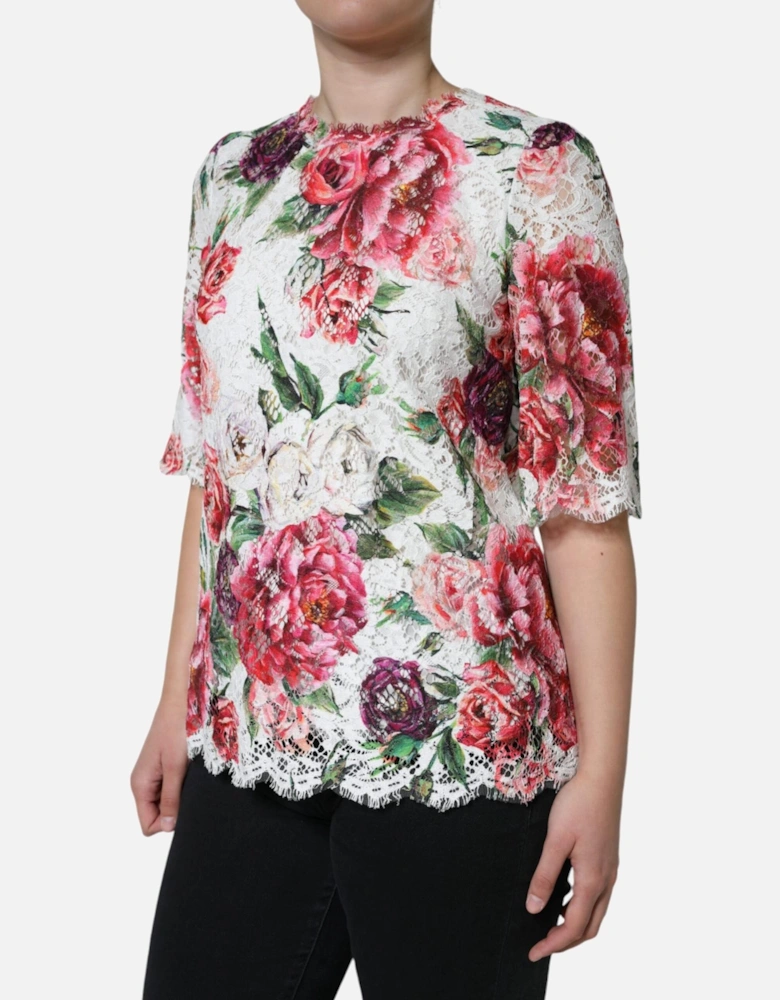 Floral Print Lace Short Sleeve Blouse Women - White T-Shirts