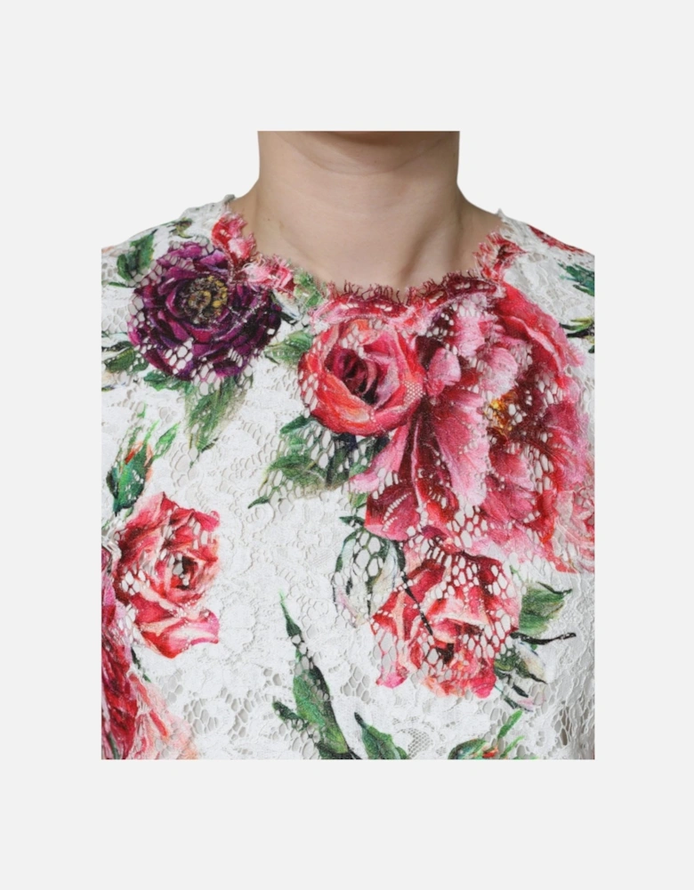 Floral Print Lace Short Sleeve Blouse Women - White T-Shirts