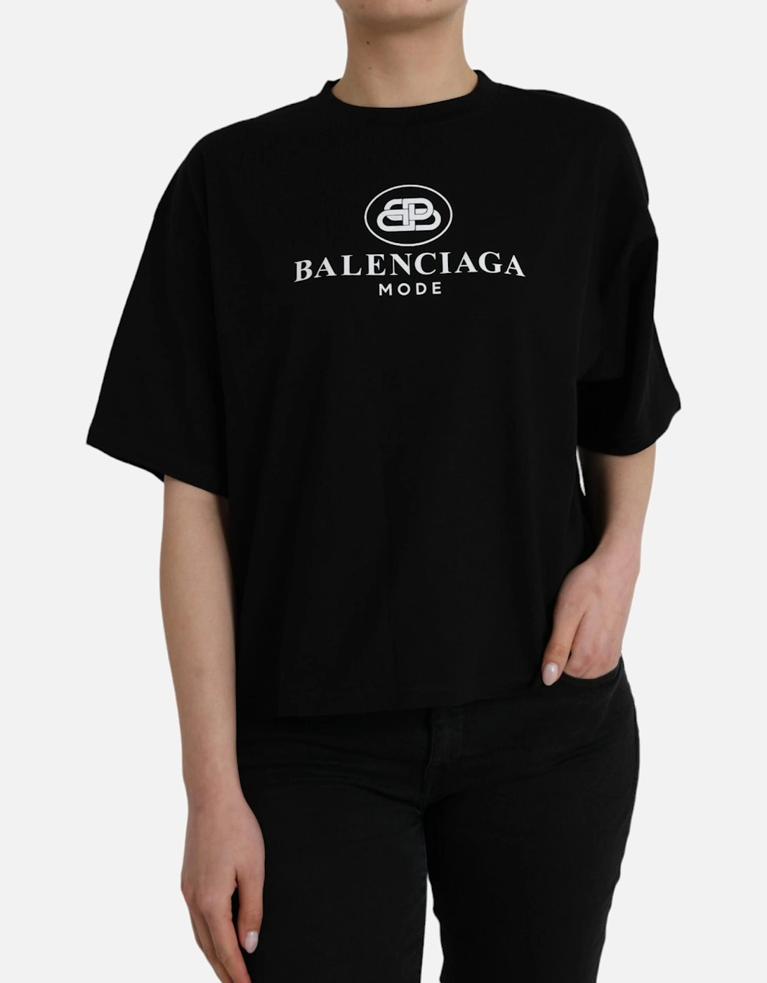 Cotton Crew Neck T-Shirt with Logo Print Women - Black, 7 of 6