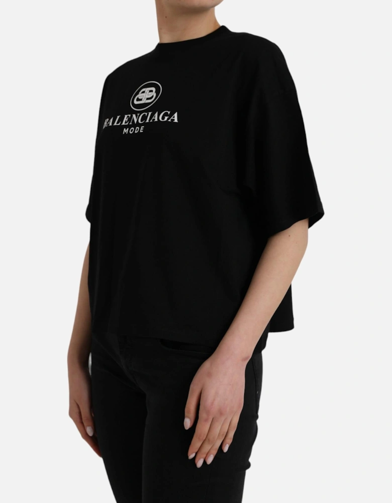 Cotton Crew Neck T-Shirt with Logo Print Women - Black