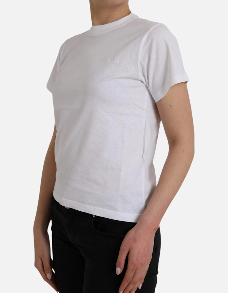 Authentic White Cotton Crew Neck T-Shirt with Logo Details Women