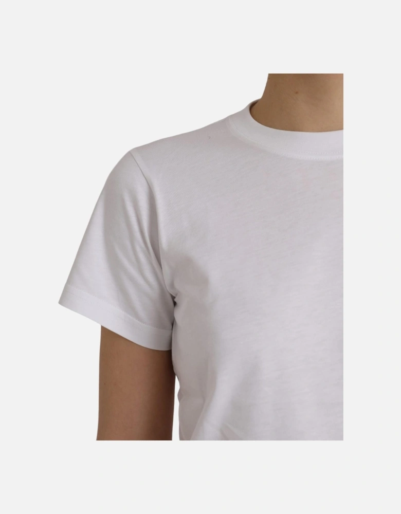 Authentic White Cotton Crew Neck T-Shirt with Logo Details Women