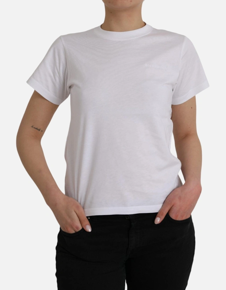 Authentic White Cotton Crew Neck T-Shirt with Logo Details Women