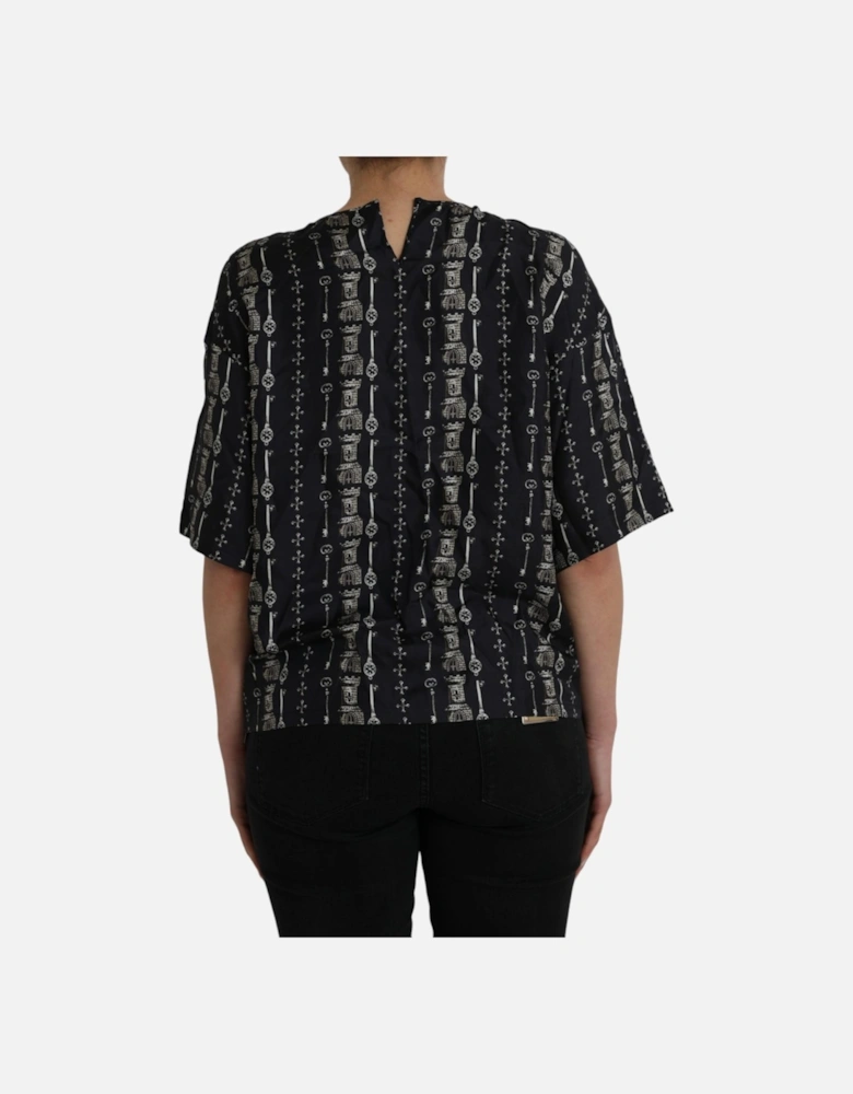 Medieval Key Print Silk Blouse Top Women - Black T-Shirts
