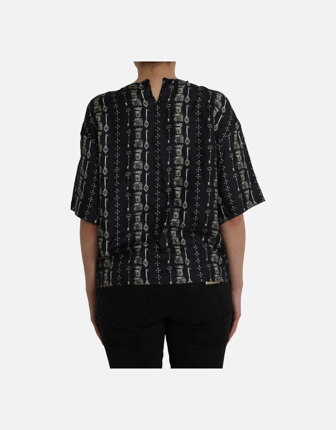 Medieval Key Print Silk Blouse Top Women - Black T-Shirts