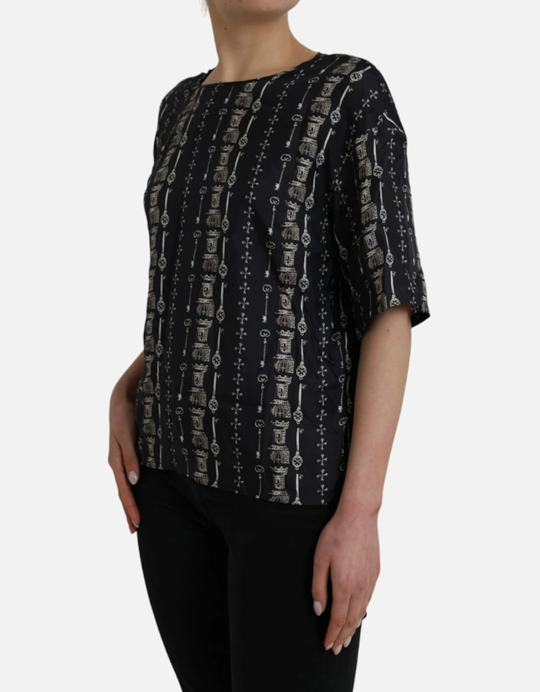 Medieval Key Print Silk Blouse Top Women - Black T-Shirts