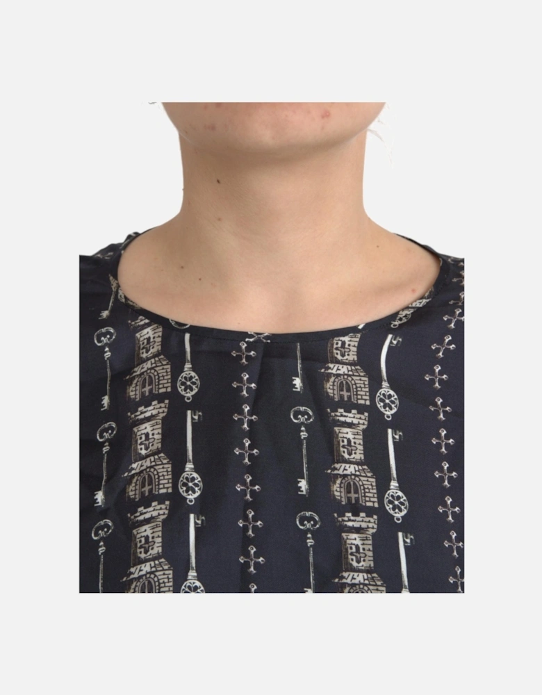 Medieval Key Print Silk Blouse Top Women - Black T-Shirts